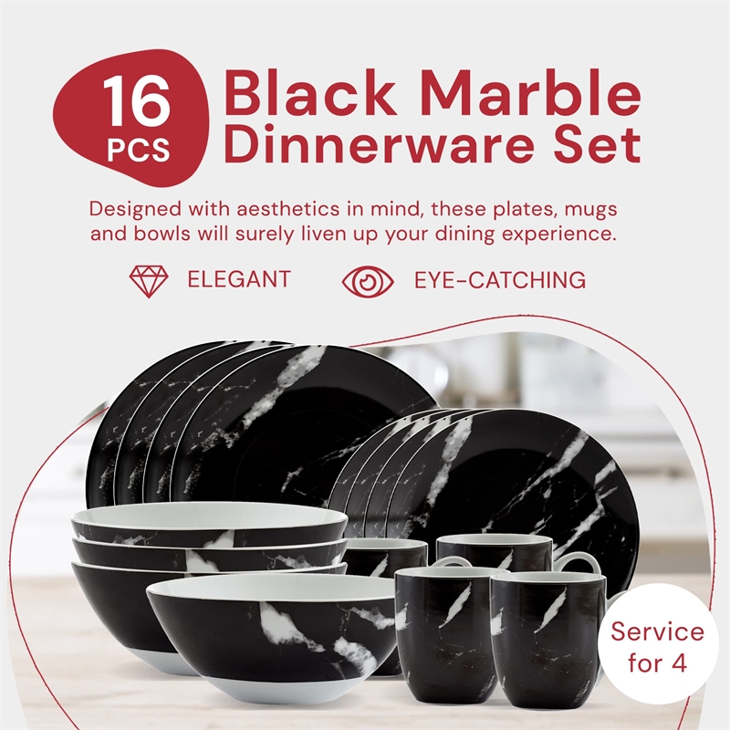 Safdie & Co. Porcelain Dinnerset 16 Piece Black Marble