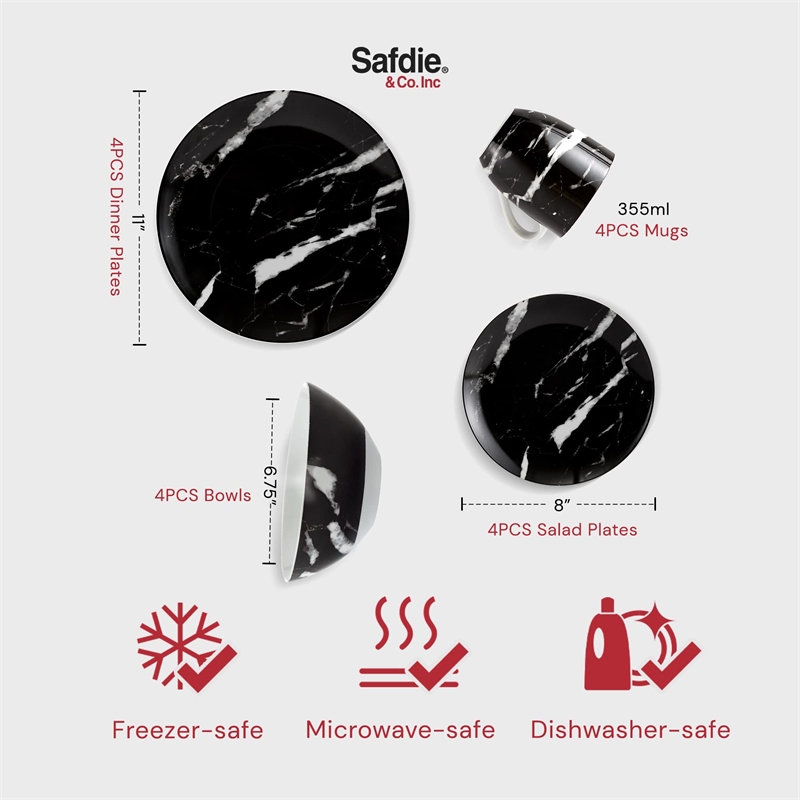 Safdie & Co. Porcelain Dinnerset 16 Piece Black Marble