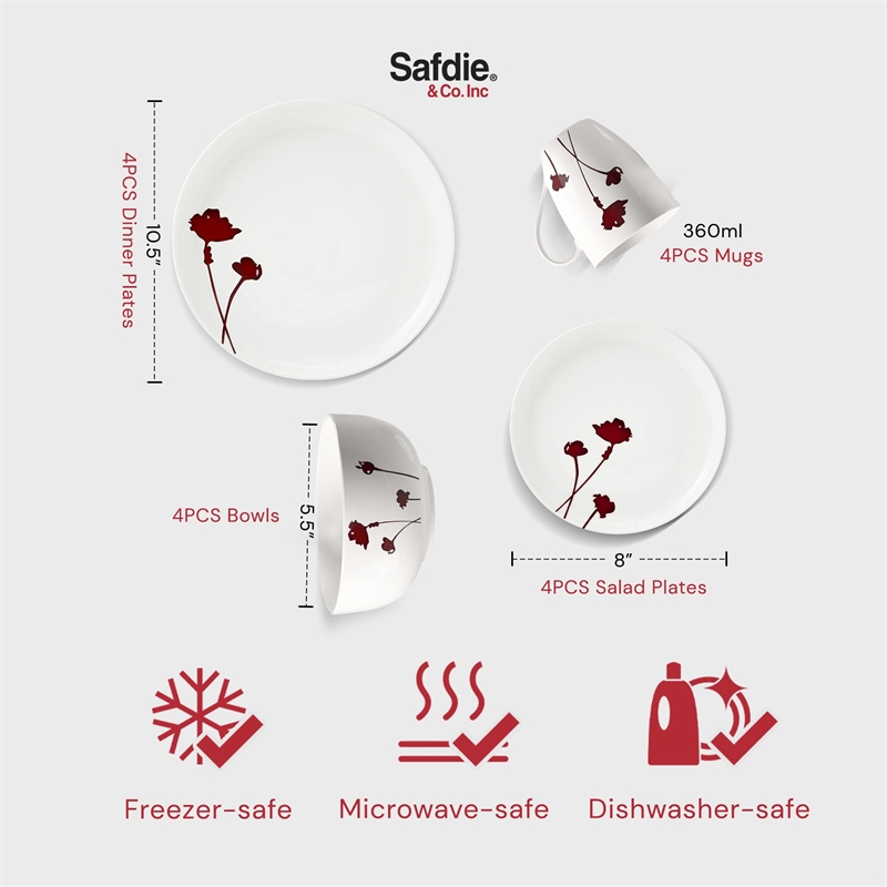 Safdie & Co. Porcelain Dinnerset 16 Piece Scarlet