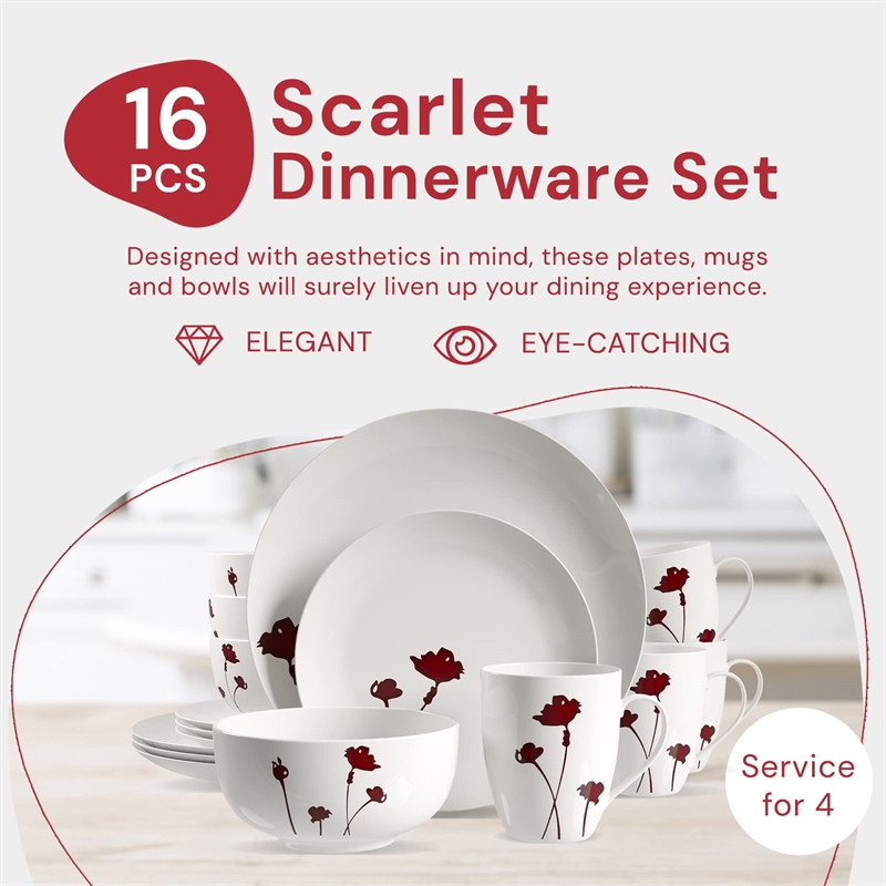 Safdie & Co. Porcelain Dinnerset 16 Piece Scarlet