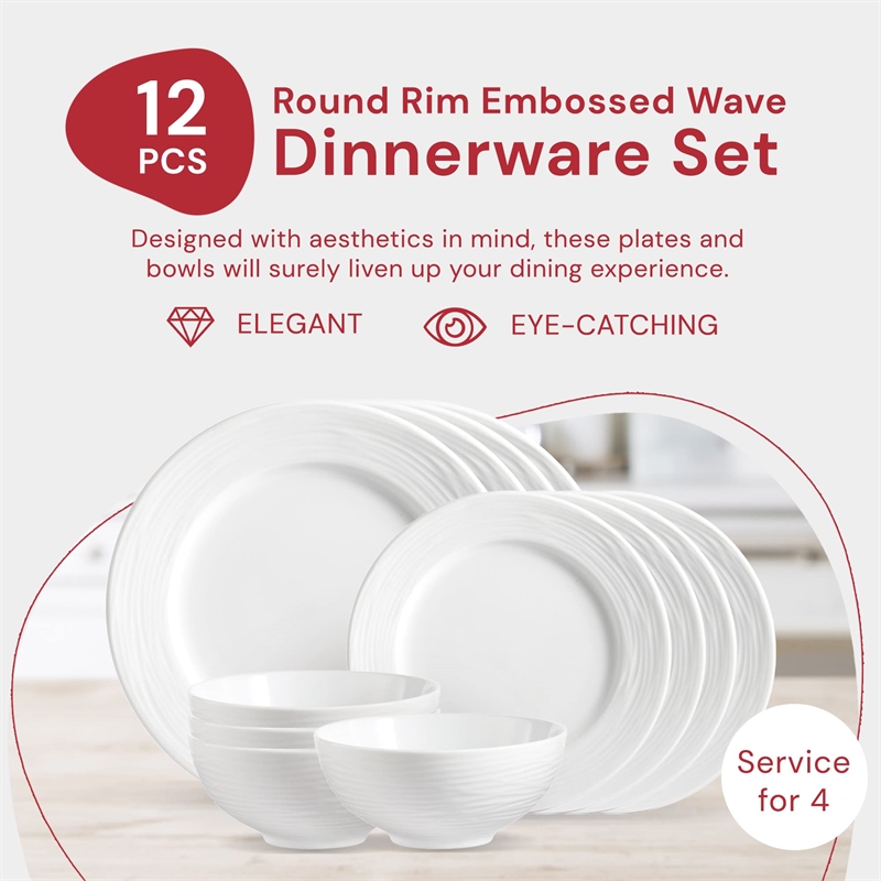 Safdie & Co. Porcelain Dinnerset 12 Piece Round Rim Embossed Wave