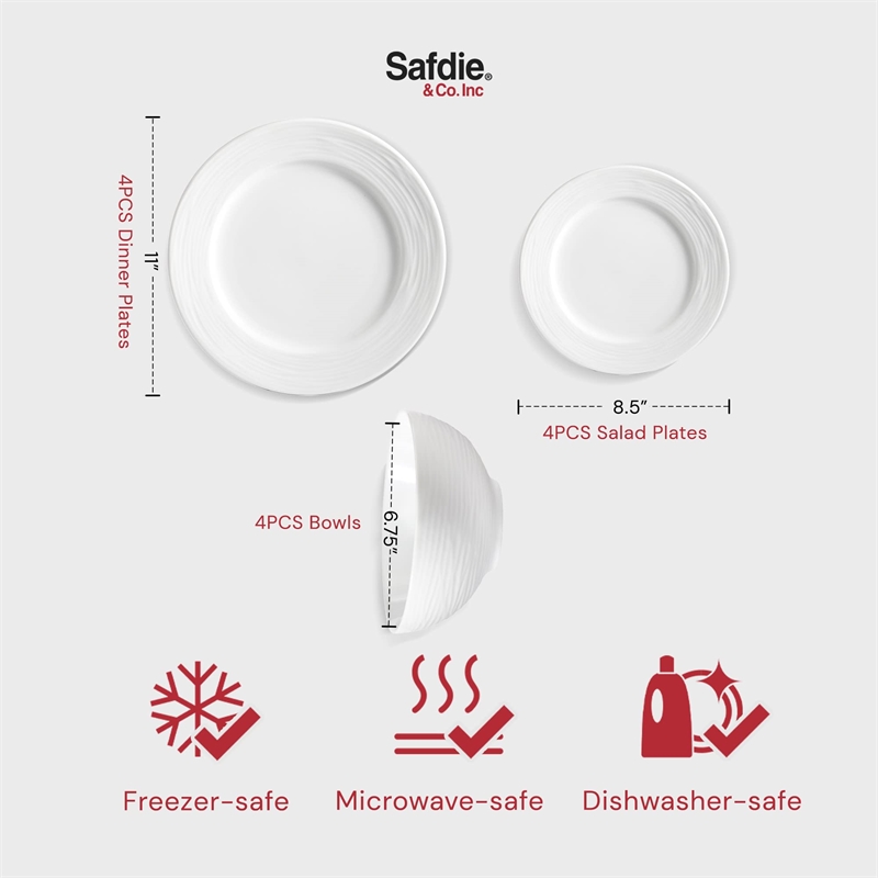 Safdie & Co. Porcelain Dinnerset 12 Piece Round Rim Embossed Wave