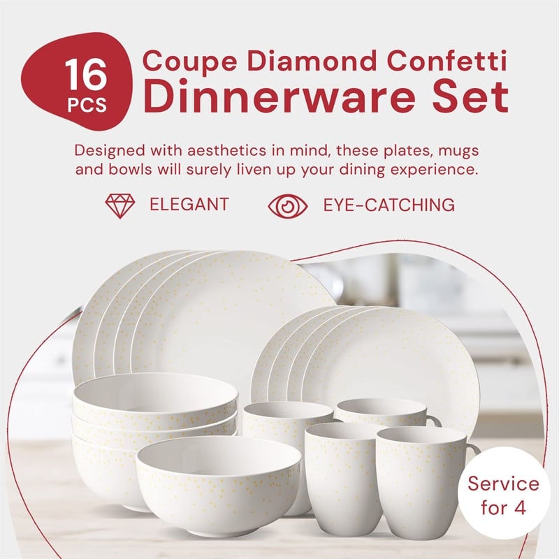 Safdie & Co. Porcelain Dinnerset 16 Piece Coupe Diamond Confetti