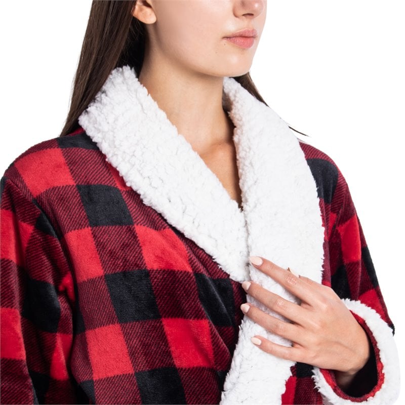 Safdie & Co. Polyester Bath Robe Sherpa Trim S/M Red and Black Buffalo