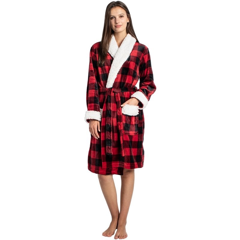 Safdie & Co. Polyester Bath Robe Sherpa Trim S/M Red and Black Buffalo