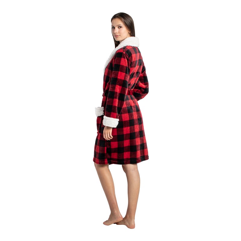 Safdie & Co. Polyester Bath Robe Sherpa Trim L/XL Red and Black Buffalo