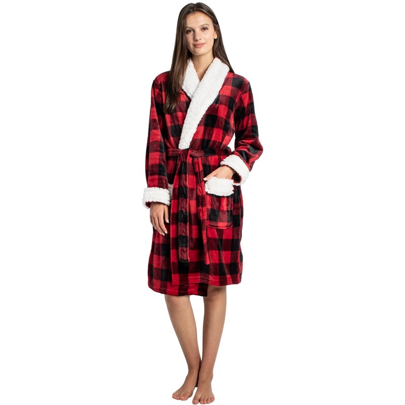 Safdie & Co. Polyester Bath Robe Sherpa Trim L/XL Red and Black Buffalo