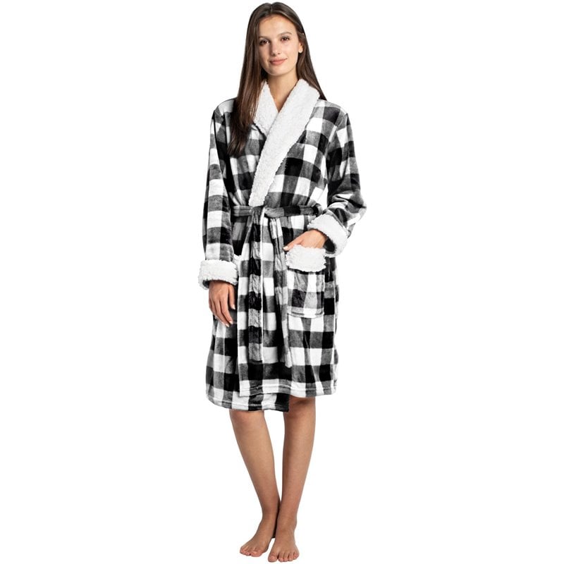 Safdie & Co. Polyester Bath Robe Sherpa Trim L/XL White and Black Buffalo