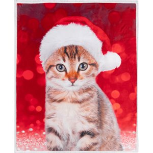 Safdie & Co. 48&quot Sherpa Reversible Festive Kitty Ultra-Soft Throw in Multi-Color