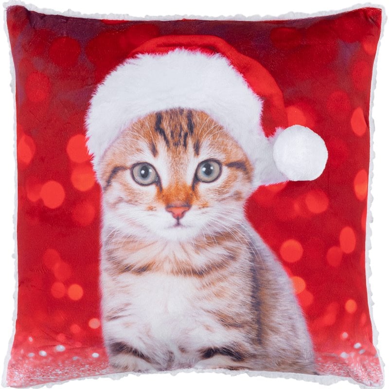 Safdie & Co. Cushion Xmas Sherpa Reversible Festive Kitty