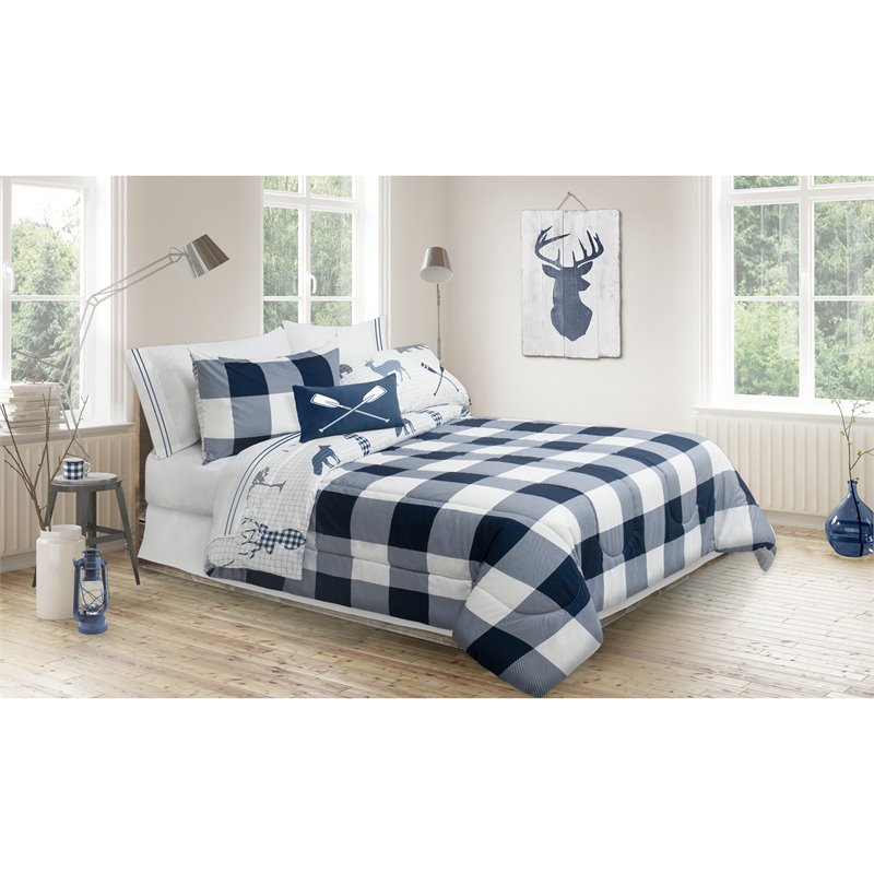 Safdie & Co. 3-piece Polyester Double Queen Check Comforter Set in Navy