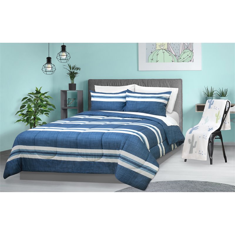 Safdie & Co. 3-piece Modern Polyester Stripe Double Queen Comforter Set in Blue