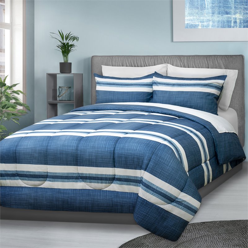 Safdie & Co. 3-piece Modern Polyester Stripe Double Queen Comforter Set in Blue