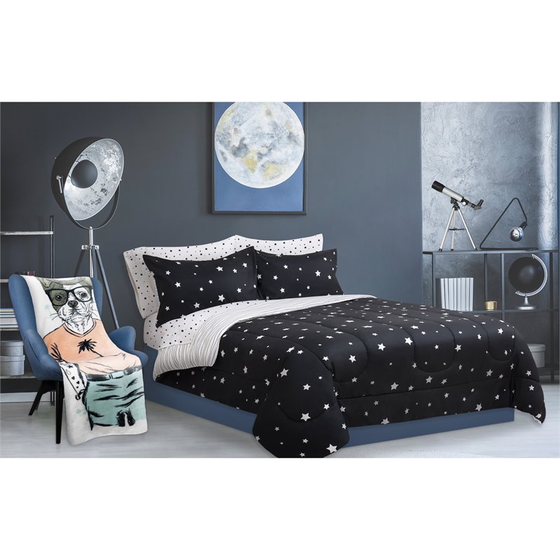 Safdie & Co. 3-piece Modern Polyester Stars Double Queen Comforter Set in Black