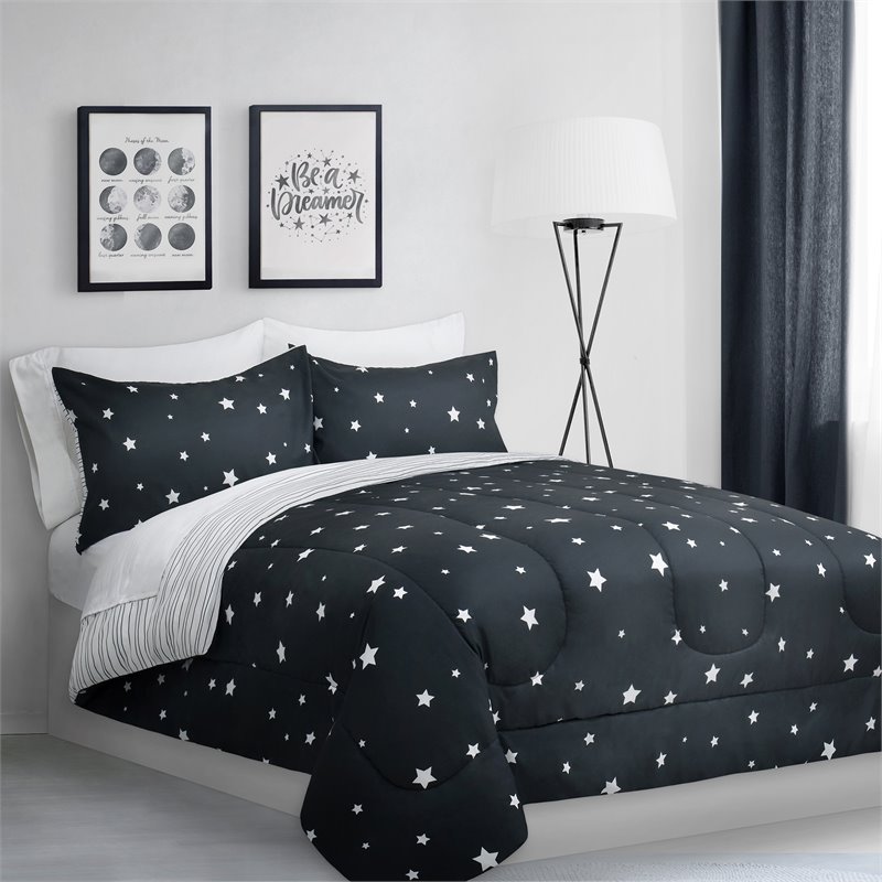 Safdie & Co. 3-piece Modern Polyester Stars Double Queen Comforter Set in Black