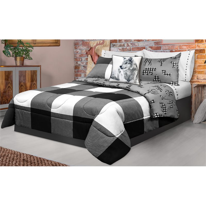 Safdie & Co. 2-piece Polyester Buffalo Plaid Twin Comforter Set in Gray/White
