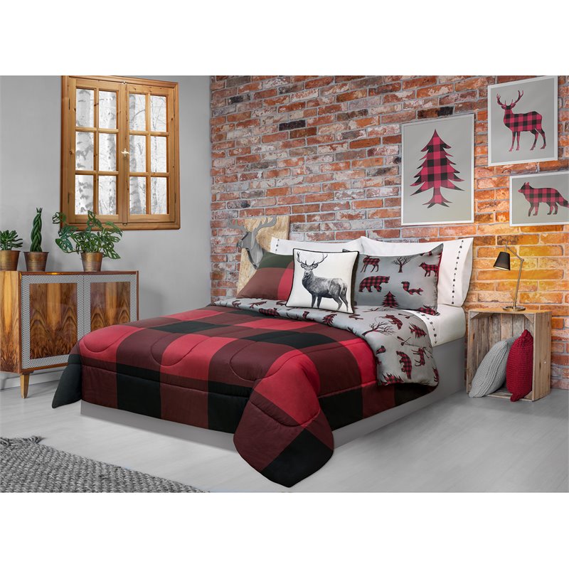 Safdie & Co. 3-piece Polyester Buffalo Plaid Double Queen Comforter Set in Red