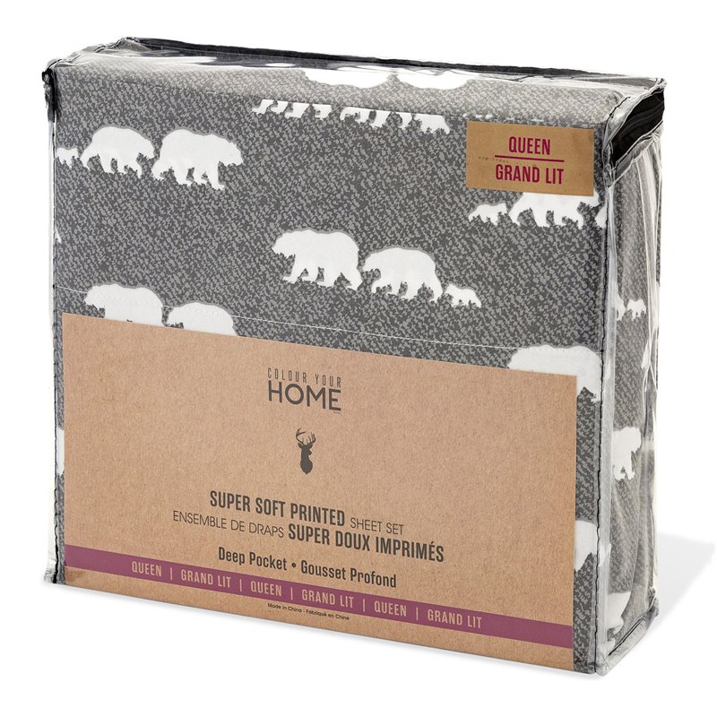 Safdie & Co. 4-piece Polyester Printed Bear Family King Sheet Set in Gray