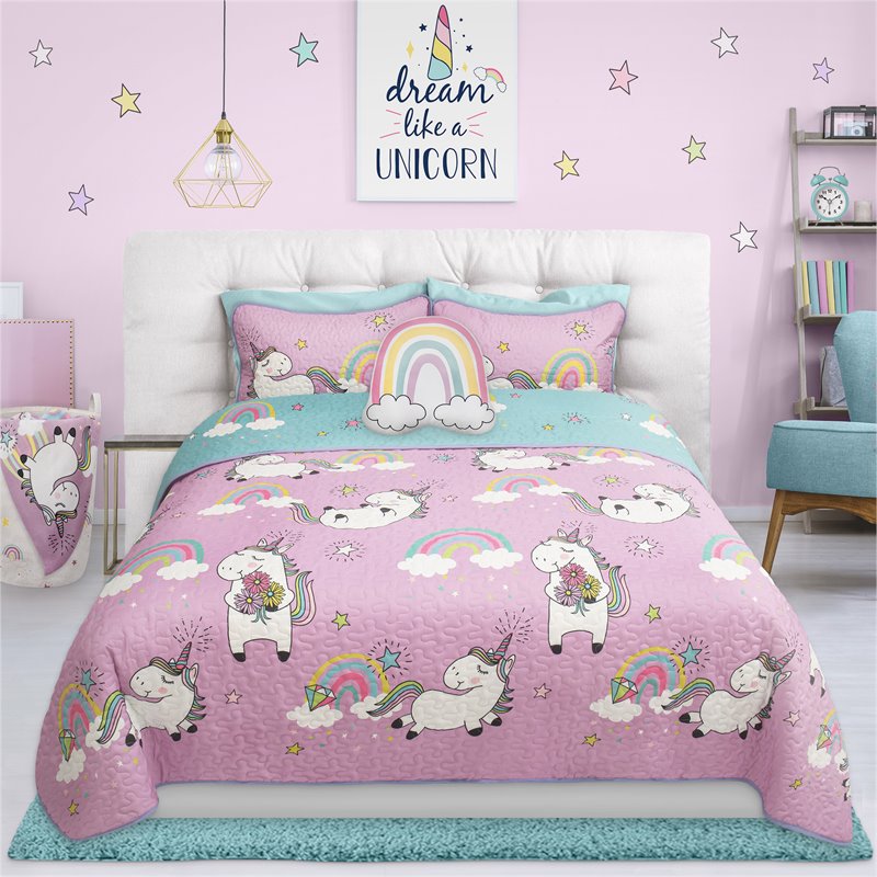 Safdie & Co. 2-piece Polyester Unicorn Twin Quilt Set in Multi-Color