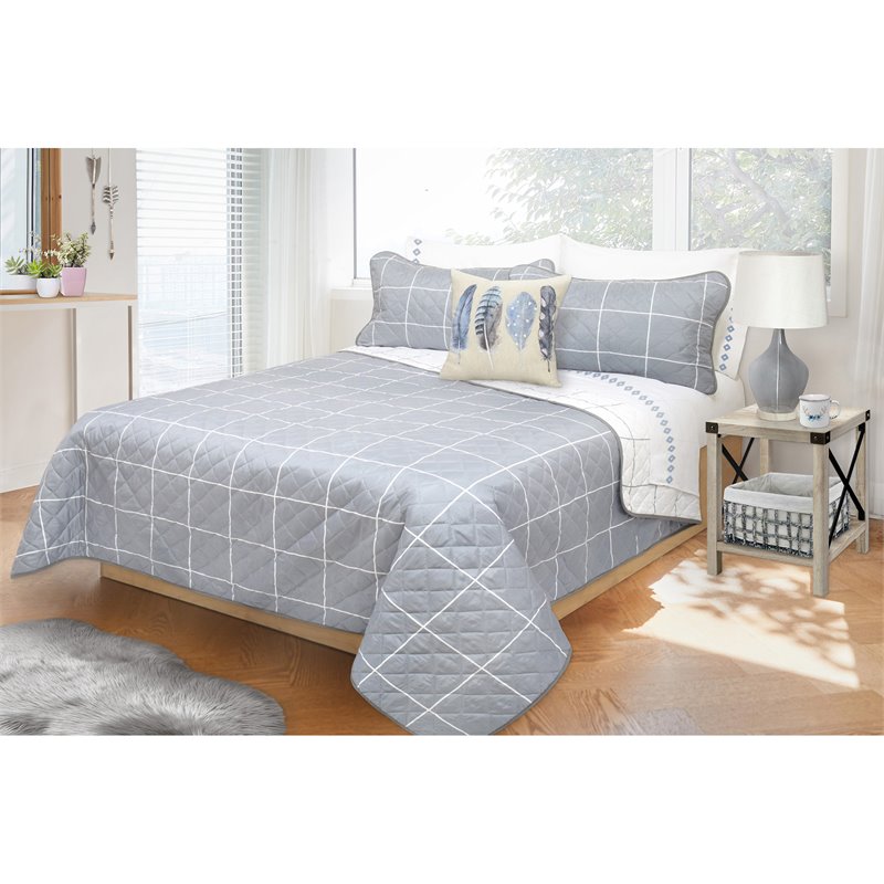 Safdie & Co. 2-piece Polyester Large Check Twin Quilt Set in Gray