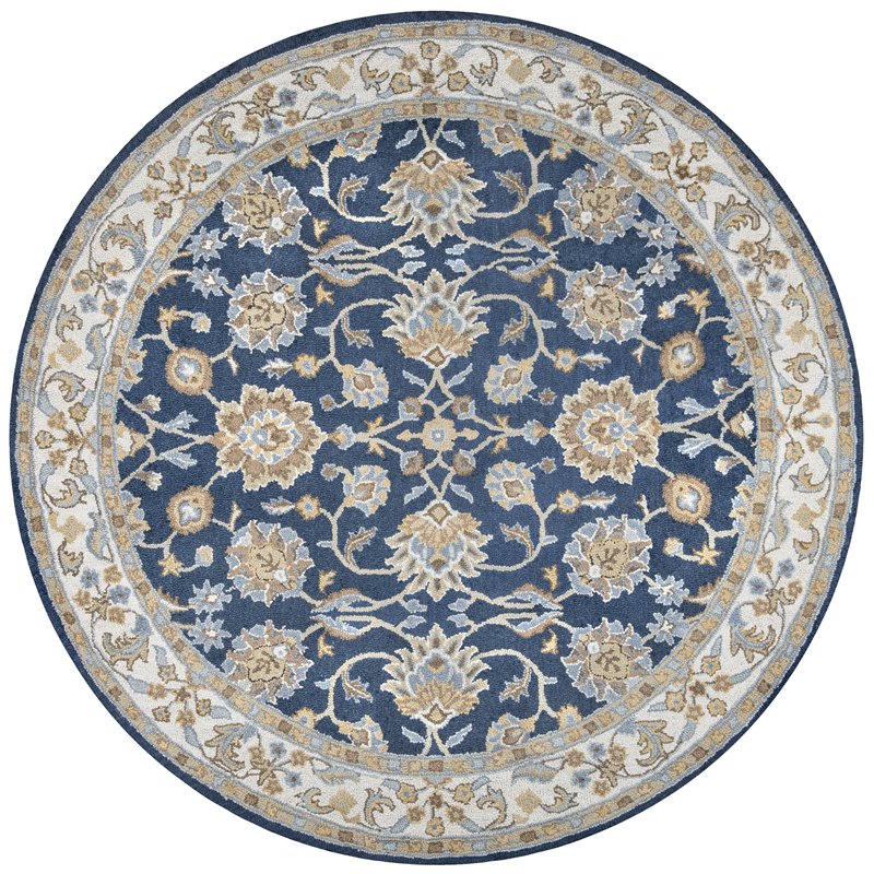 Alora Decor Crypt 8' Round Border Blue/Ivory Hand-Tufted Area Rug