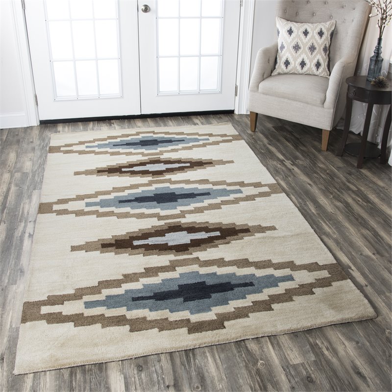 Alora Decor Pueblo 5' x 8' Tribal Beige/Navy/Blue/Brown Hand-Tufted Area Rug