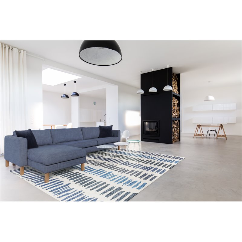 Alora Decor Rivera 5' x 8' Stripe Ivory/Blue/Ivory/Charcoal Hand-Tufted Area Rug