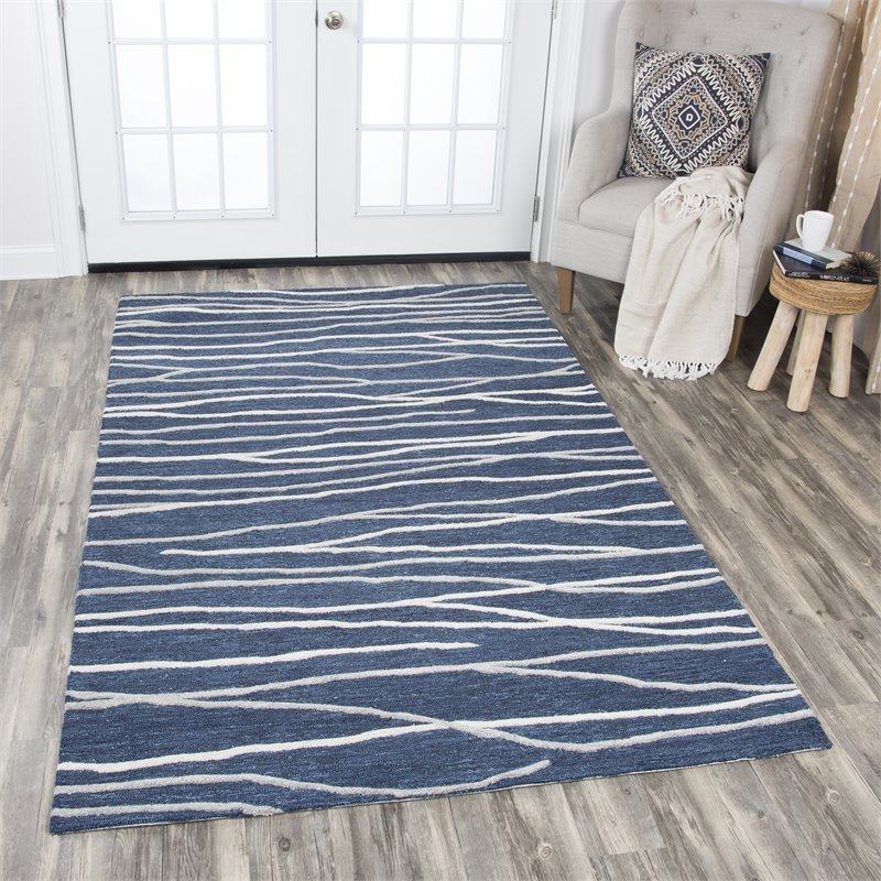 Alora Decor Geneva 9' x 12' Lines Navy/Ivory Hand-Tufted Area Rug
