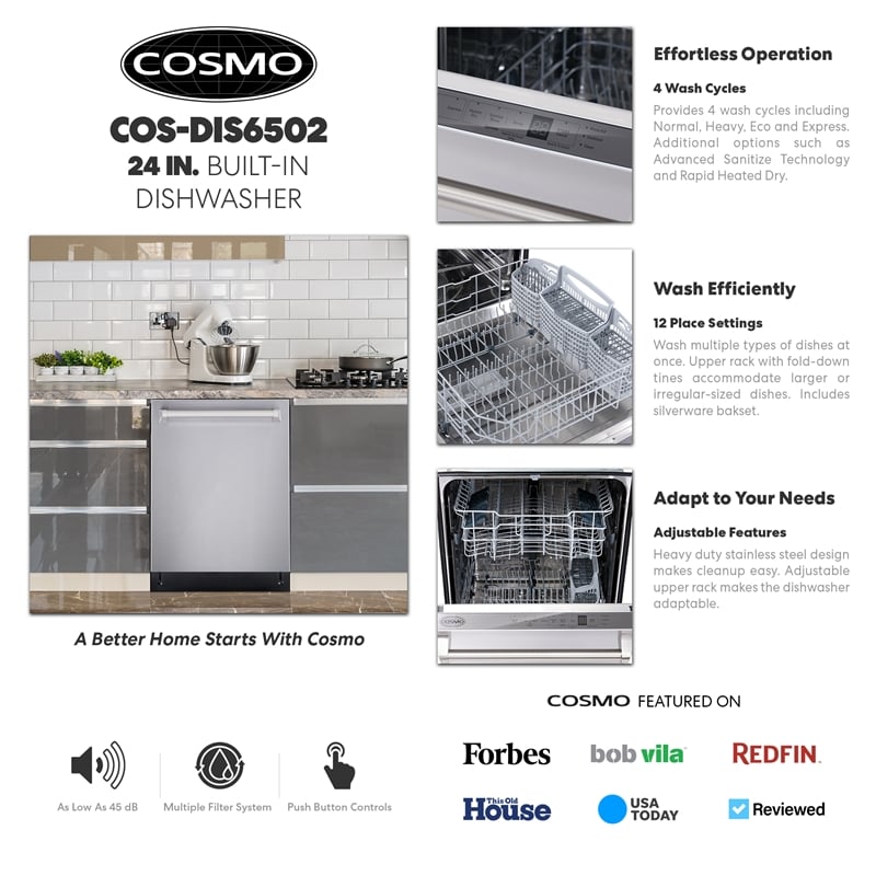 Cosmo COS-DIS6502 24 in. Stainless Steel Top Control Tall Built-In Dishwasher