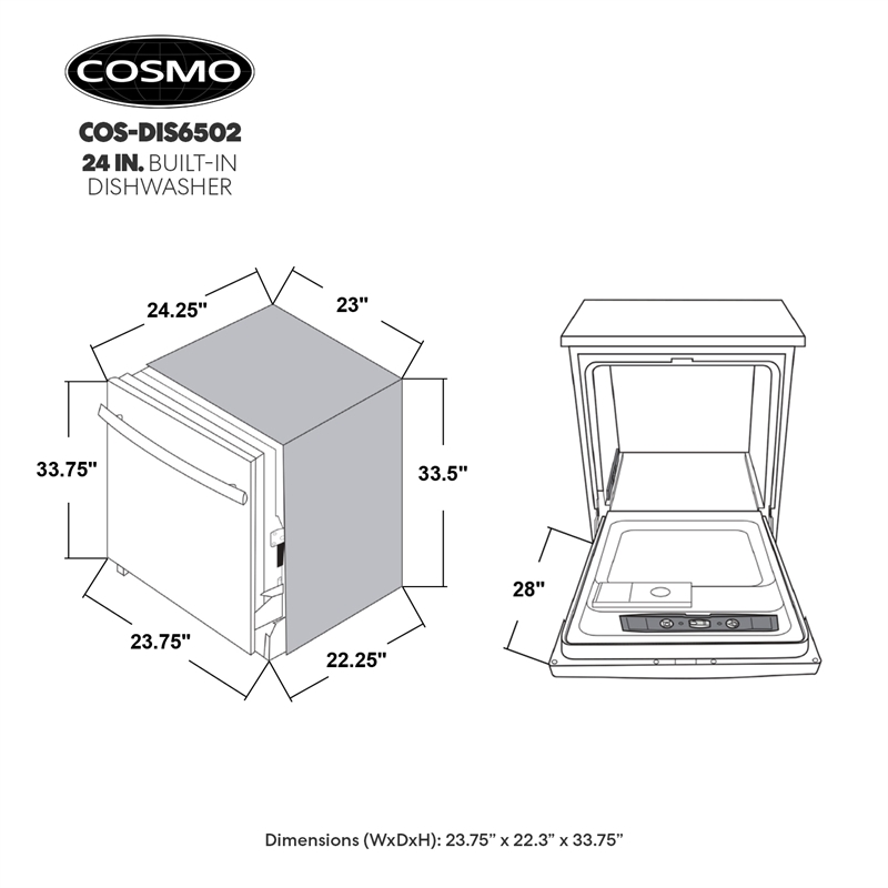 Cosmo COS-DIS6502 24 in. Stainless Steel Top Control Tall Built-In Dishwasher