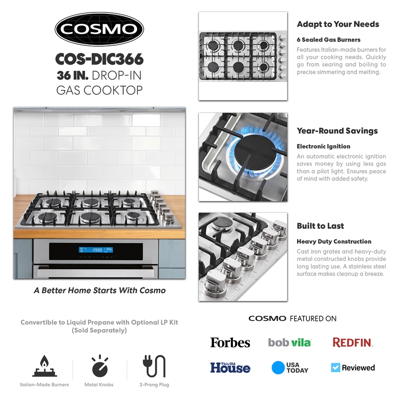36 in. Gas Cooktop in Stainless Steel with 6 Italian Made Burners