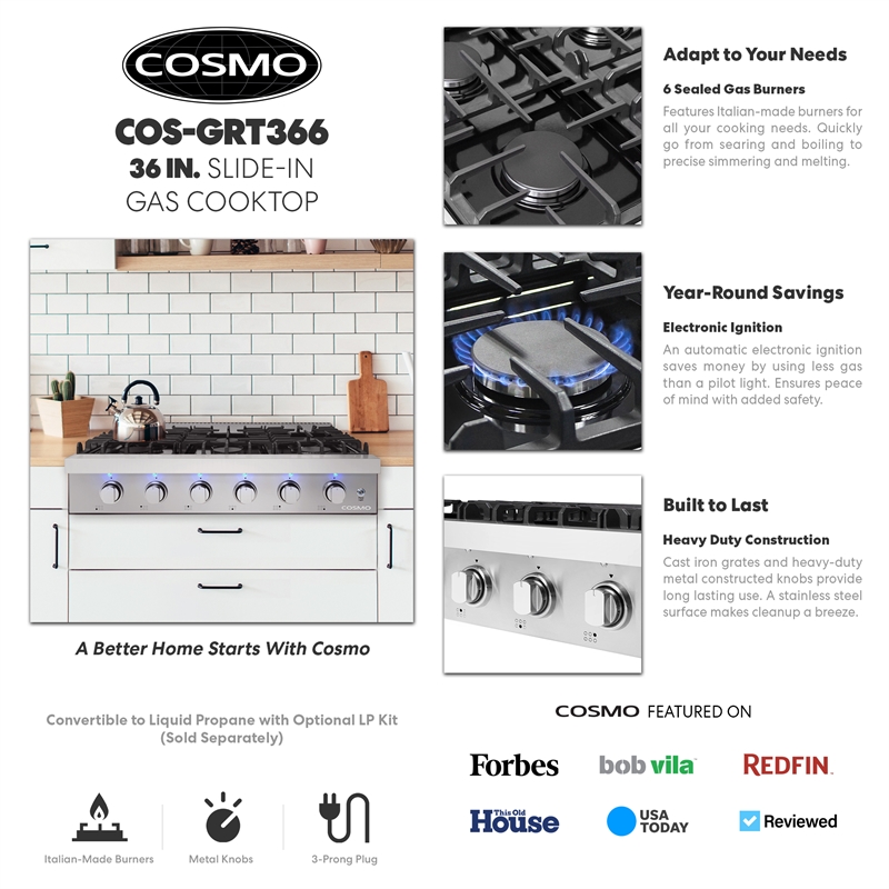 36 in. Slide-In Counter Gas Cooktop with 6 Sealed Italian Burners