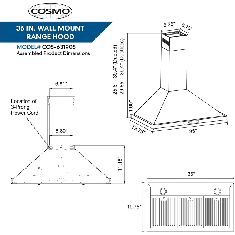 Cosmo COS-63190S Wall Mount Stainless Steel Range Hood with Touch