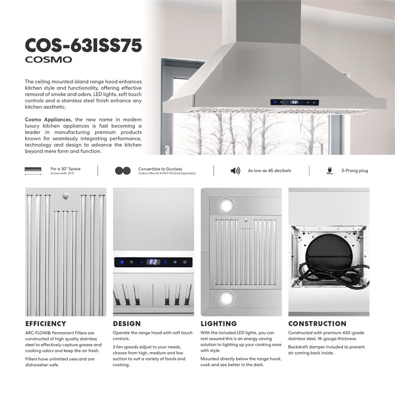 30 in. Lumin Collection Ducted Island Range Hood in Stainless Steel