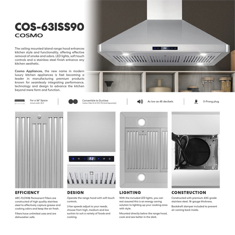 36 in. Lumin Collection Ducted Island Range Hood in Stainless Steel