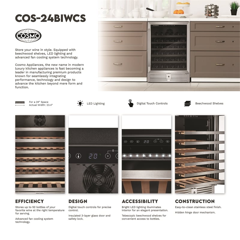 Cosmo COS-24BIWCS 48-Bottle Single-Zone Stainless Steel Freestanding Wine Cooler