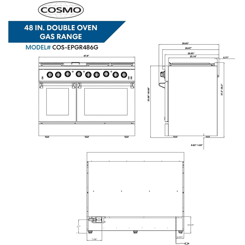 Cosmo COS-EPGR486G 48 in. Double Oven Gas Range & Hood Set - Liquid Propane