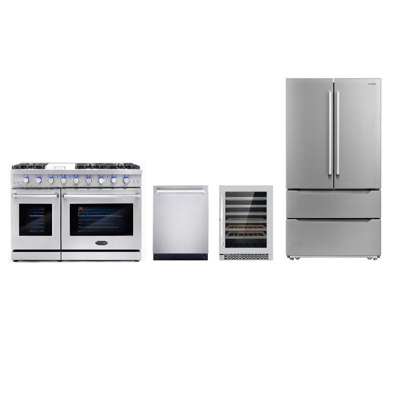 Cosmo 48 in. Gas Range & Dishwasher & Wine Cooler & Refrigerator Set - LP Kit