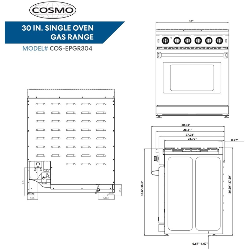 Cosmo 30 in. Gas Range & Range Hood & Dishwasher & Refrigerator Set