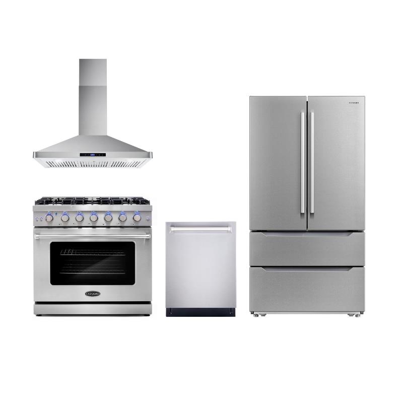 Cosmo COS-EPGR366 36 in. Gas Range & Range Hood & Dishwasher & Refrigerator Set