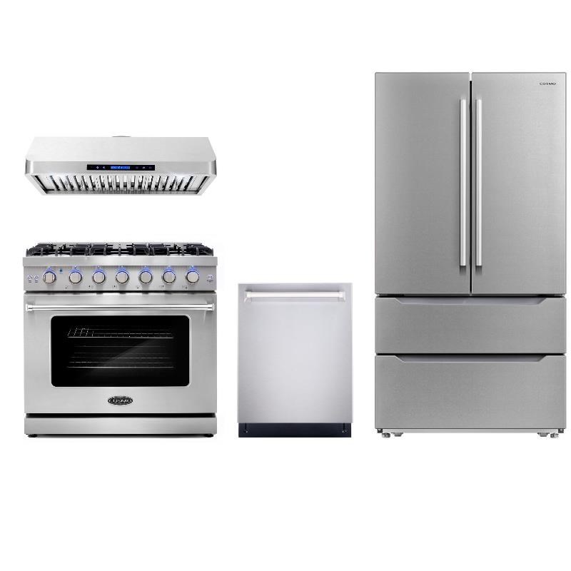Cosmo COS-EPGR366 36 in. Gas Range & Range Hood & Dishwasher & Refrigerator Set