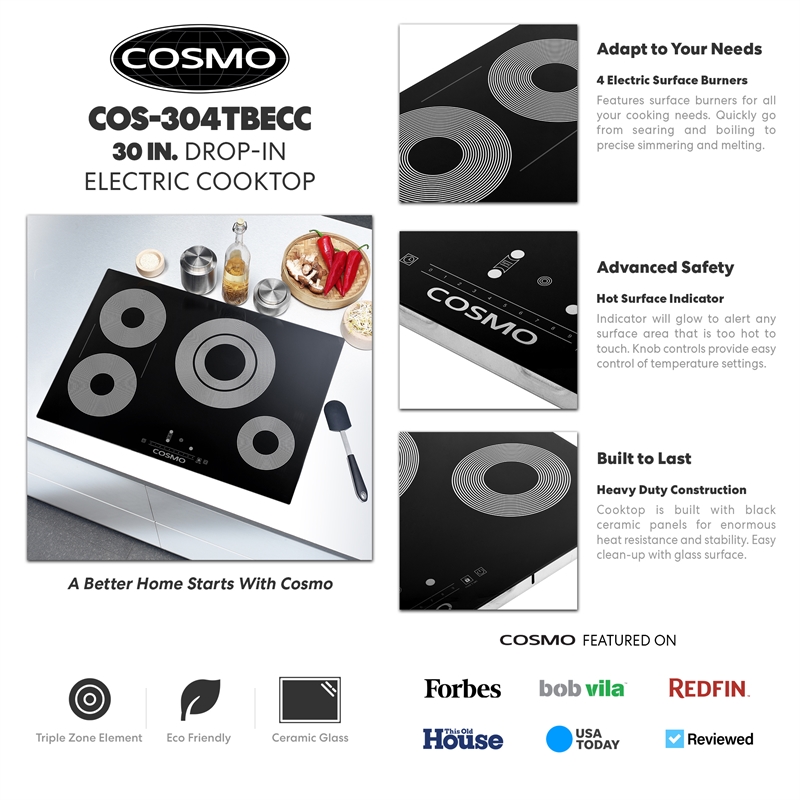 30 in. Electric Ceramic Glass Cooktop with 4 Burners in Black Porcelain