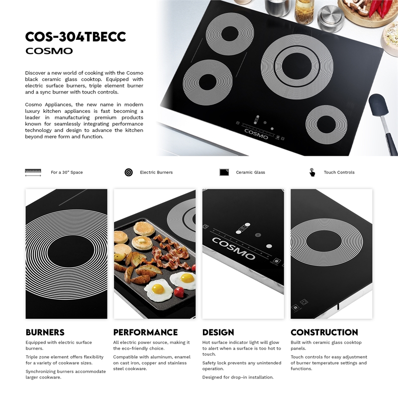 30 in. Electric Ceramic Glass Cooktop with 4 Burners in Black Porcelain