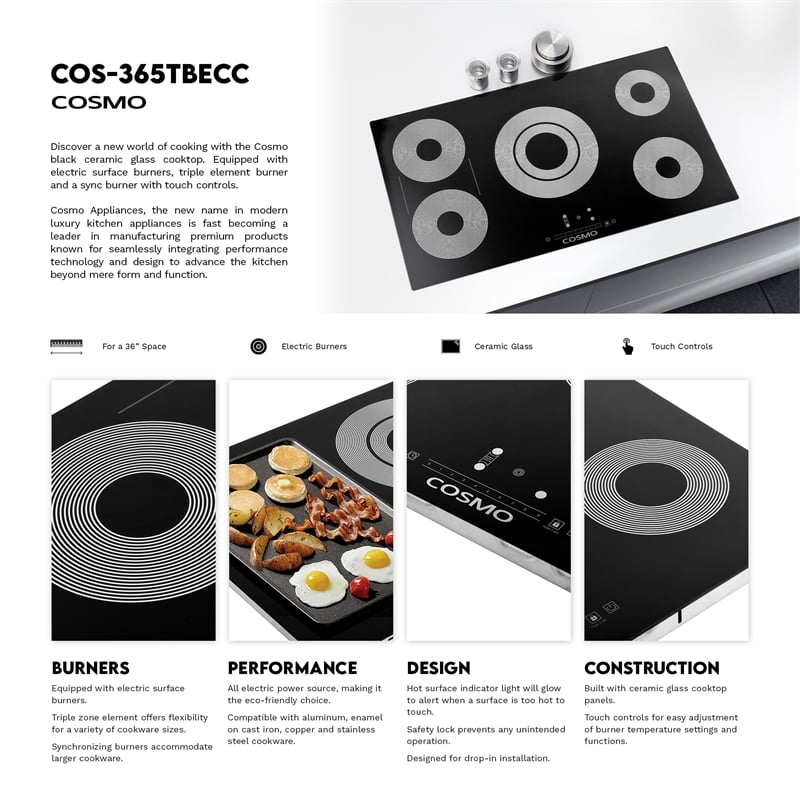 36 in. Electric Ceramic Glass Cooktop with 5 Burners in Black Porcelain