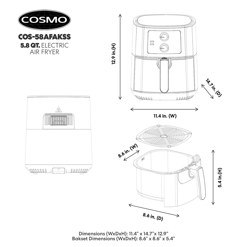 5.8 Quart Electric Hot Air Fryer with 1400W in Stainless Steel