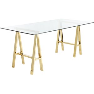 Pangea Home Brady Metal Desk with Glass in Polished Gold
