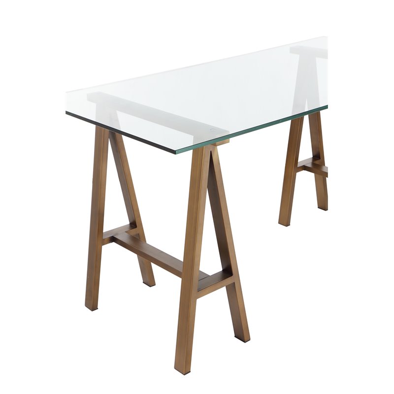 Pangea Home Brady Small Metal Desk with Glass in Brushed Brass
