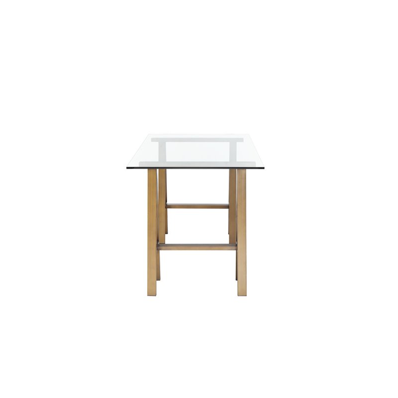 Pangea Home Brady Small Metal Desk with Glass in Brushed Brass