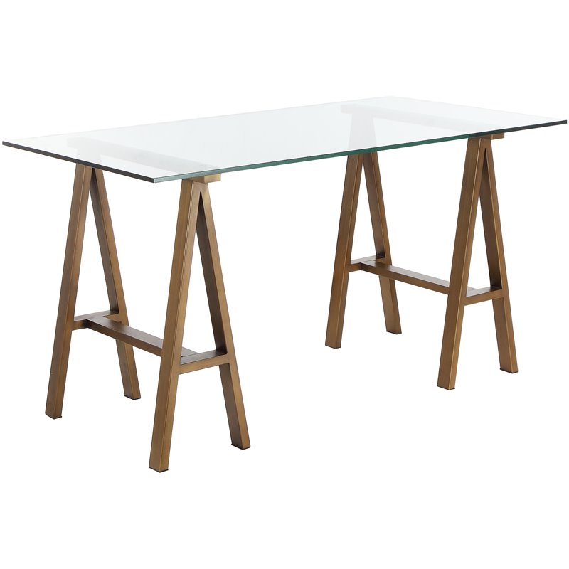 Pangea Home Brady Small Metal Desk with Glass in Brushed Brass