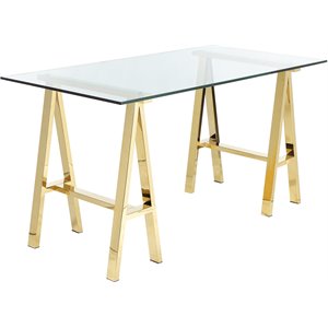 Pangea Home Brady Small Metal Desk with Glass in Polished Gold